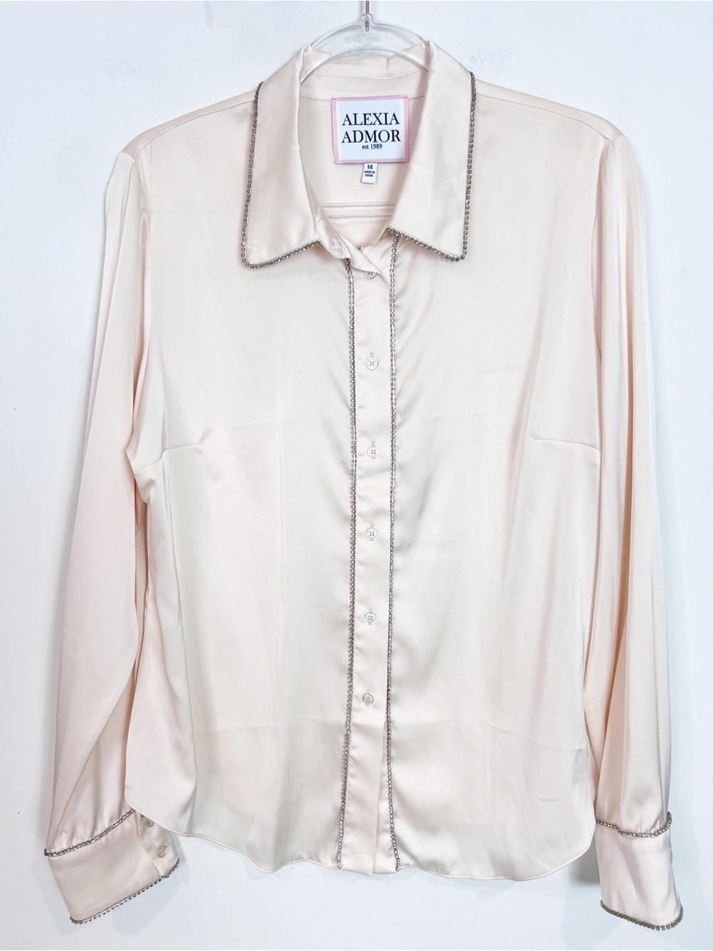 ALEXIA ADMOR BUTTERY IVORY SILKY BLOUSE WITH RHINESTONE TRIM WOMENS SZ 14